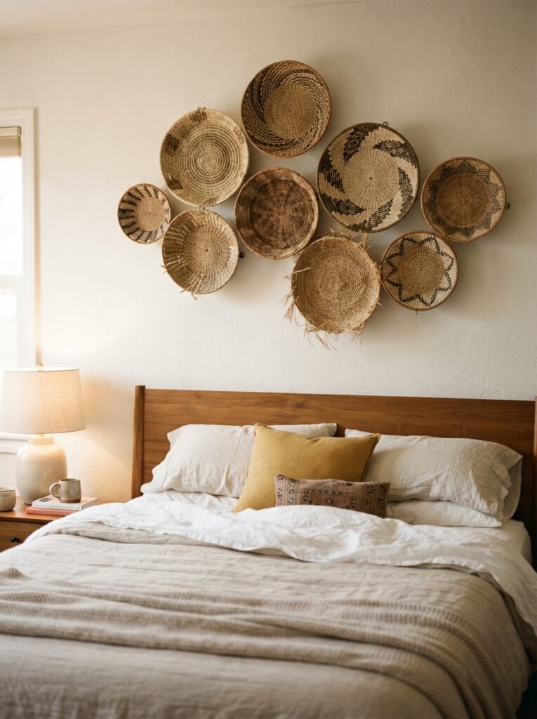 Boho bedroom decor idea with woven basket wall display