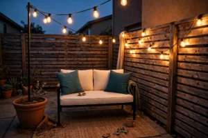 How to hang patio string lights without drilling — zigzag canopy over rental patio at dusk