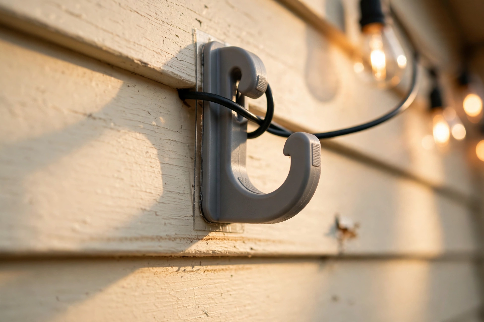 Outdoor adhesive hook holding string lights on siding without drilling
