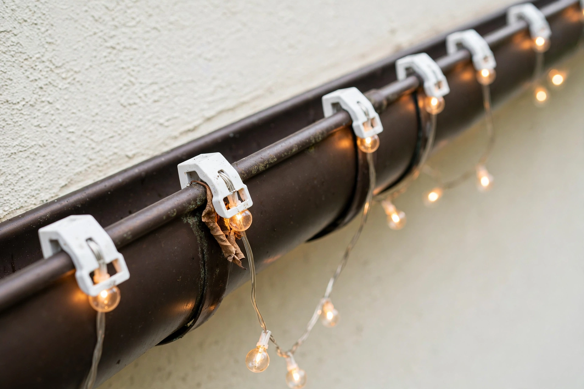 Gutter clips holding patio string lights with no drilling