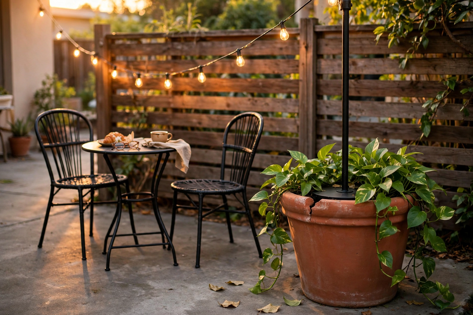 Freestanding planter pole for hanging string lights without drilling