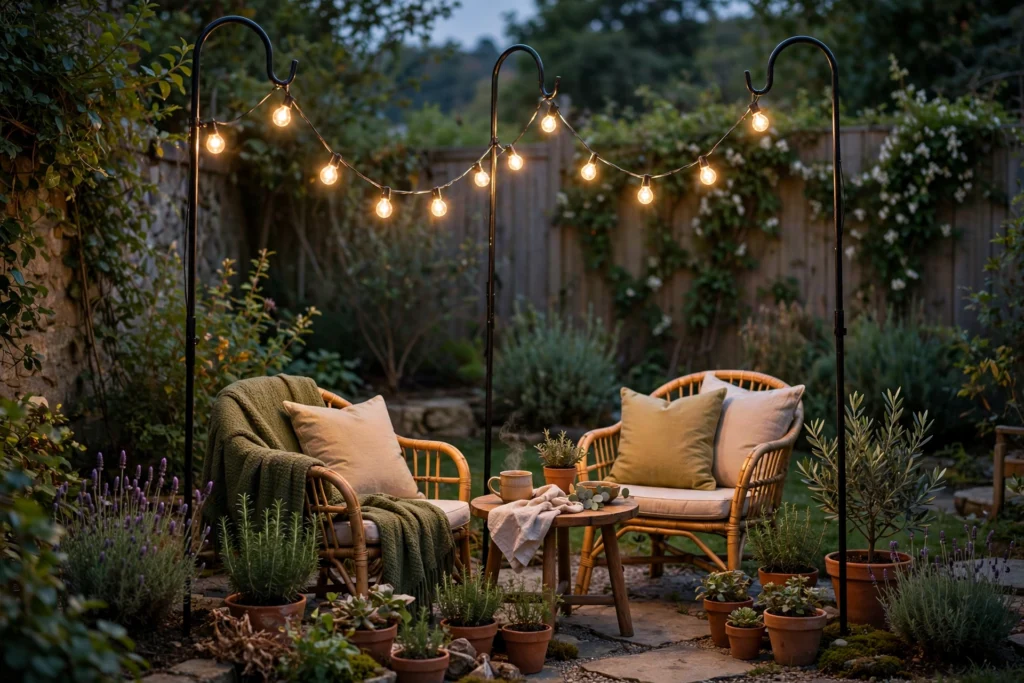 Freestanding shepherd's hooks with string lights for no-drill patio lighting