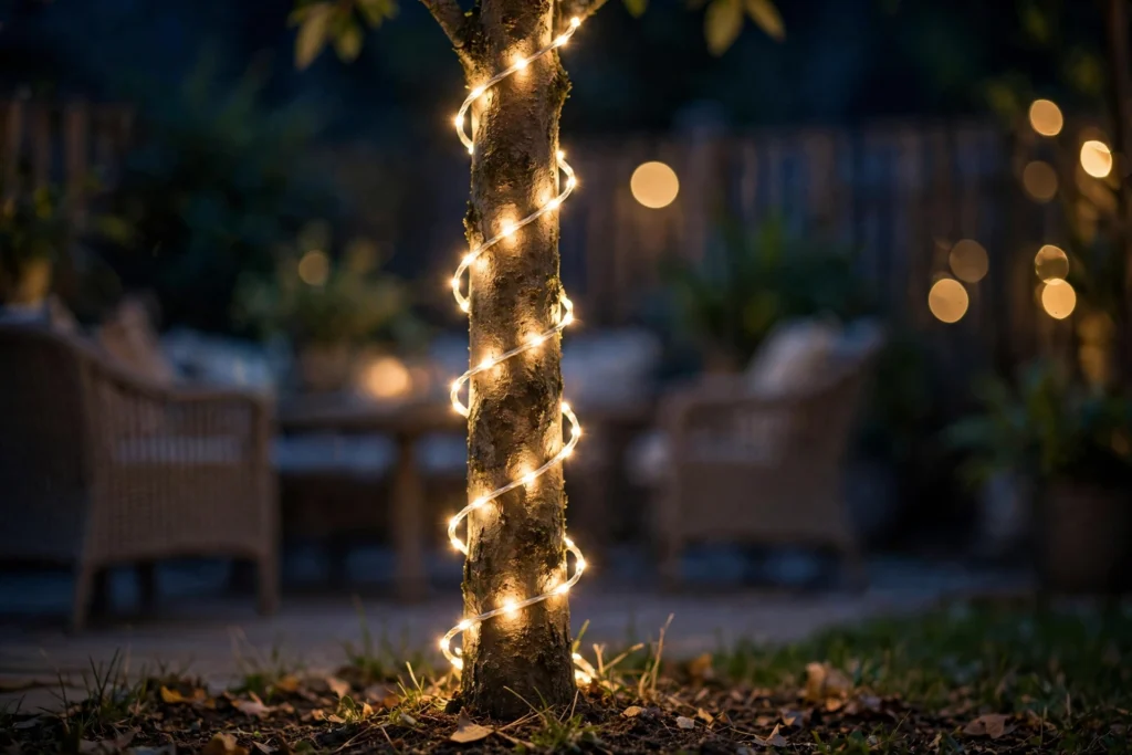 Tree wrapped with string lights, no nails needed
