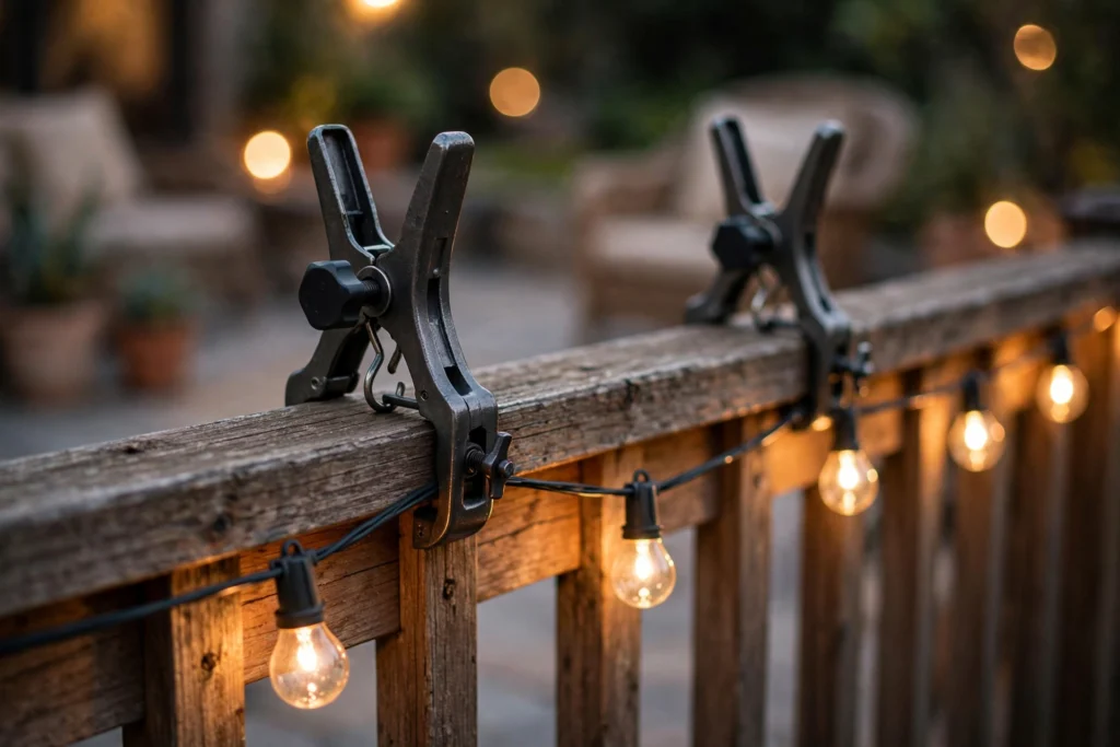Deck railing clamps holding string lights