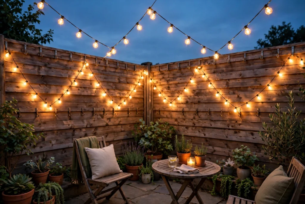 Fence-top hooks with draped string lights