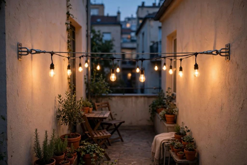 Tension wire between adhesive anchors with hanging string lights