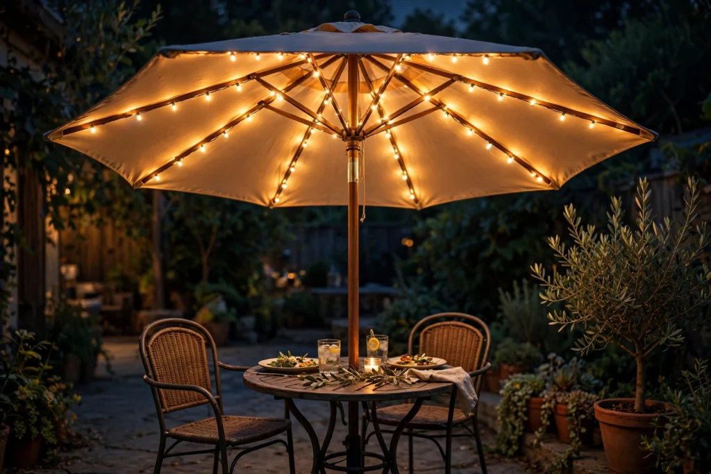 Patio umbrella with string lights wrapped around ribs