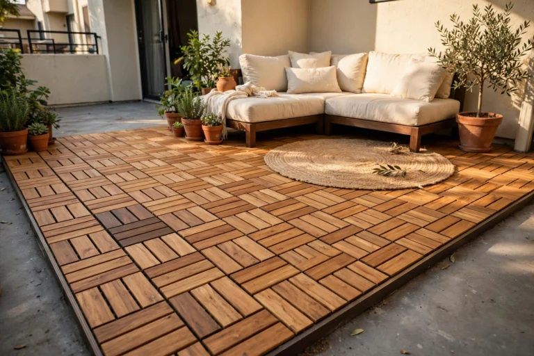 Renter friendly patio flooring over concrete — interlocking deck tiles
