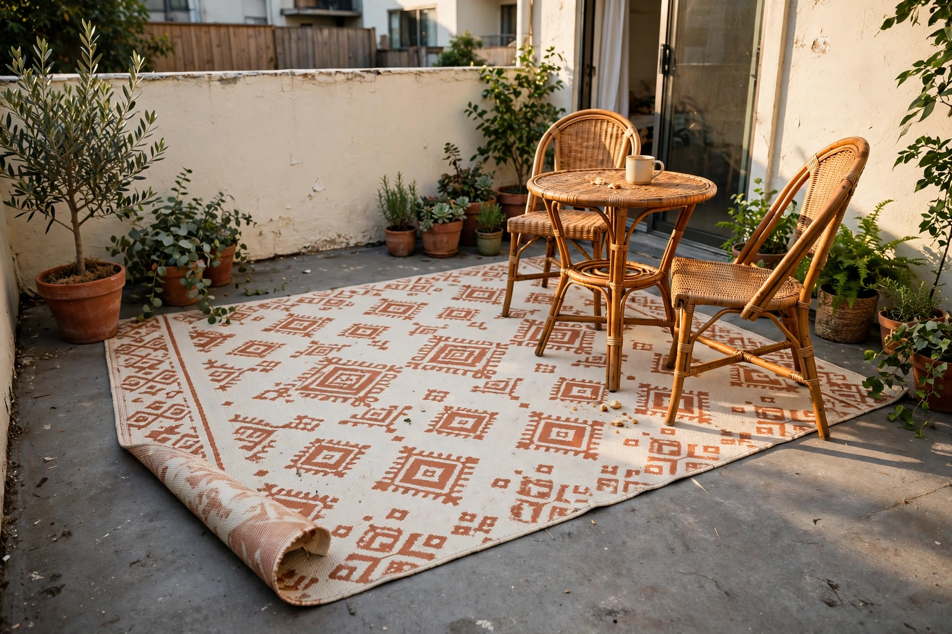 Outdoor area rug over concrete patio rental