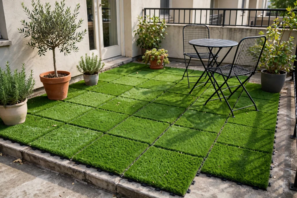 Artificial grass tiles over concrete patio