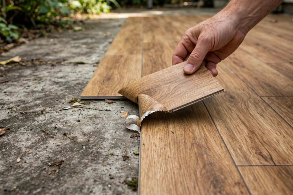 Peel-and-stick vinyl tiles being installed on patio