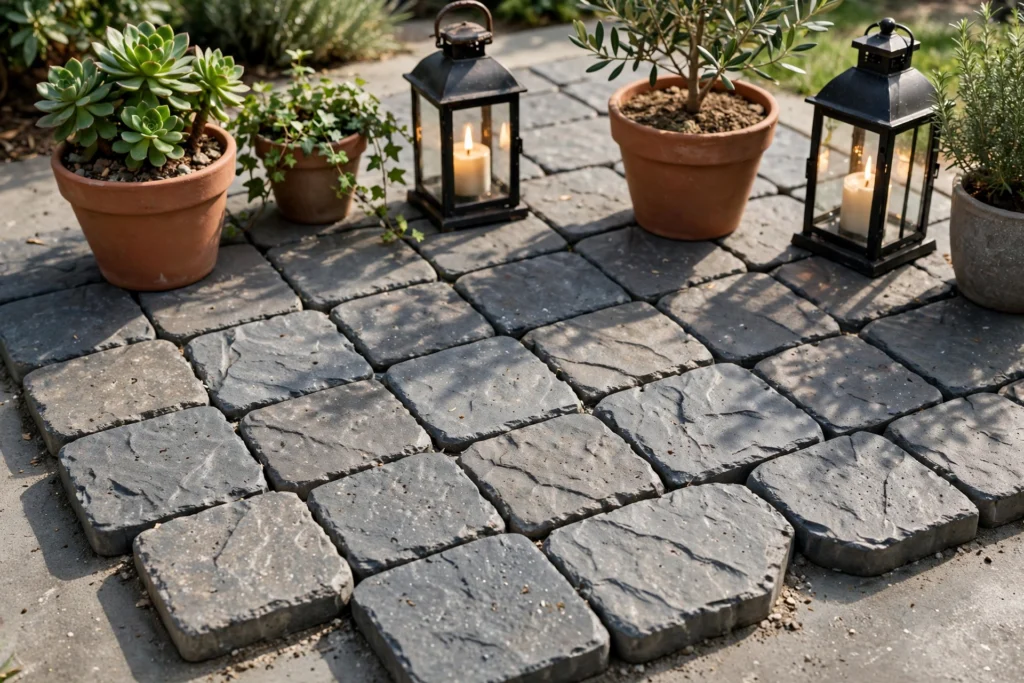 Stone-look interlocking tiles over concrete