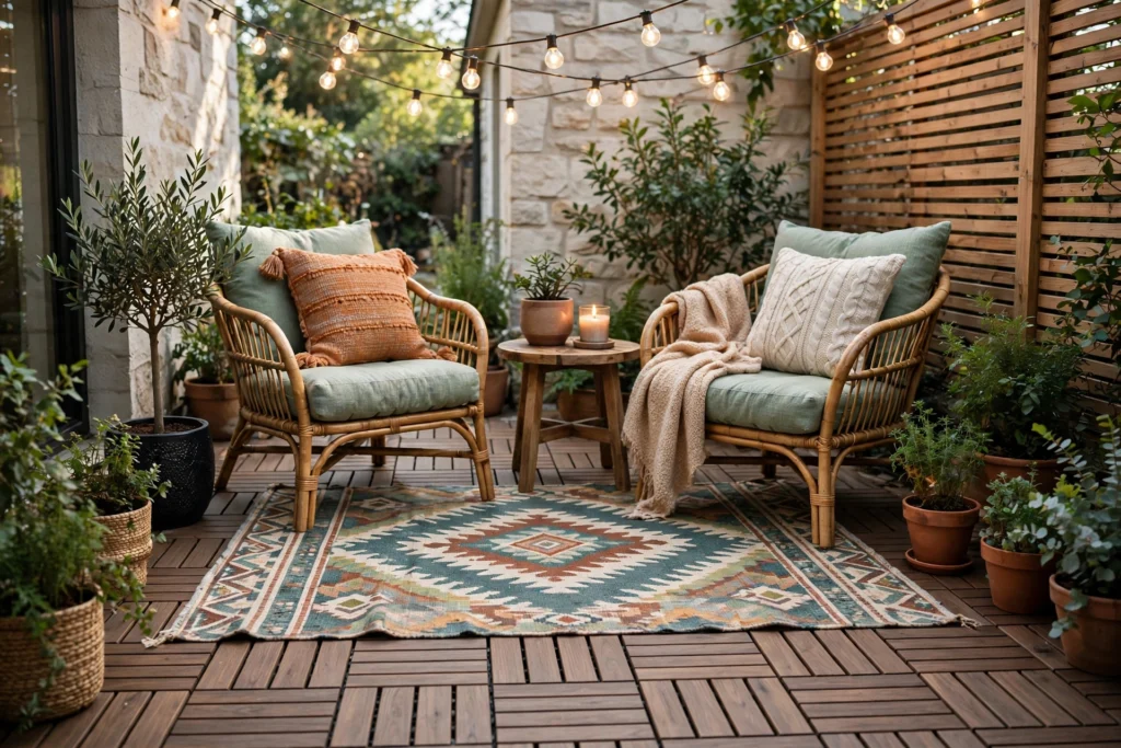 Layered patio with deck tiles and outdoor rug