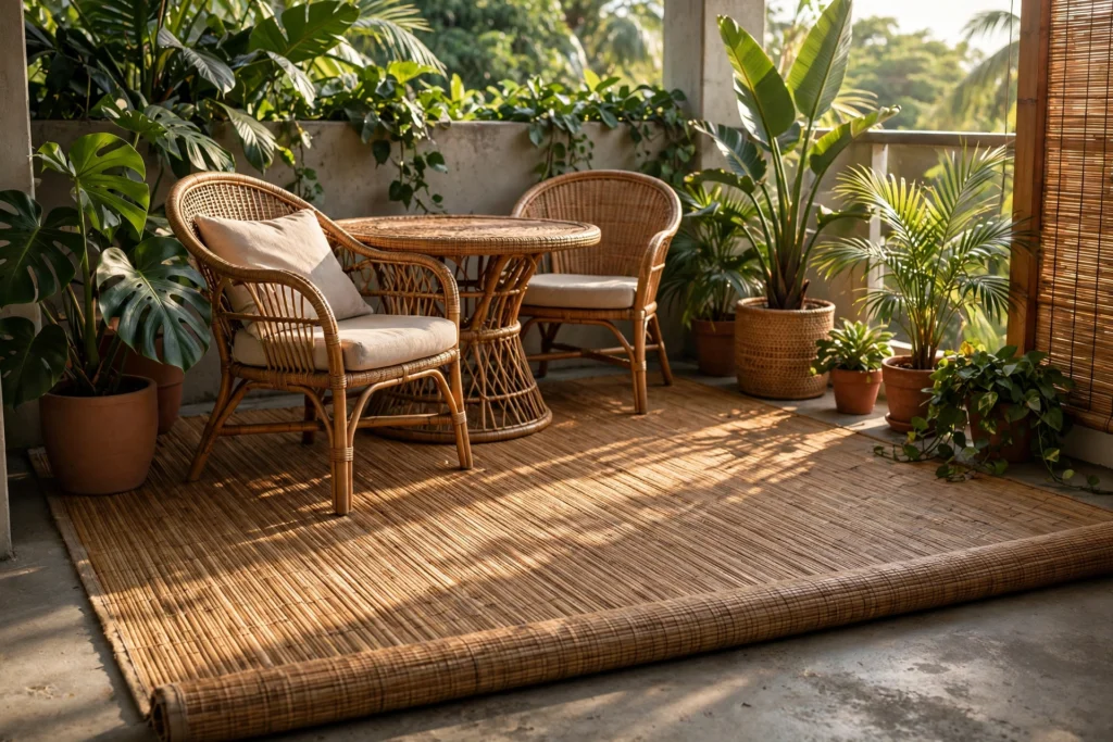 Bamboo roll-out matting on concrete balcony