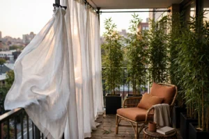 Balcony privacy ideas for apartments — curtains and bamboo screen