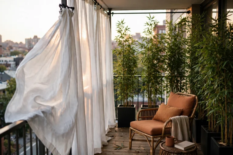 Balcony privacy ideas for apartments — curtains and bamboo screen