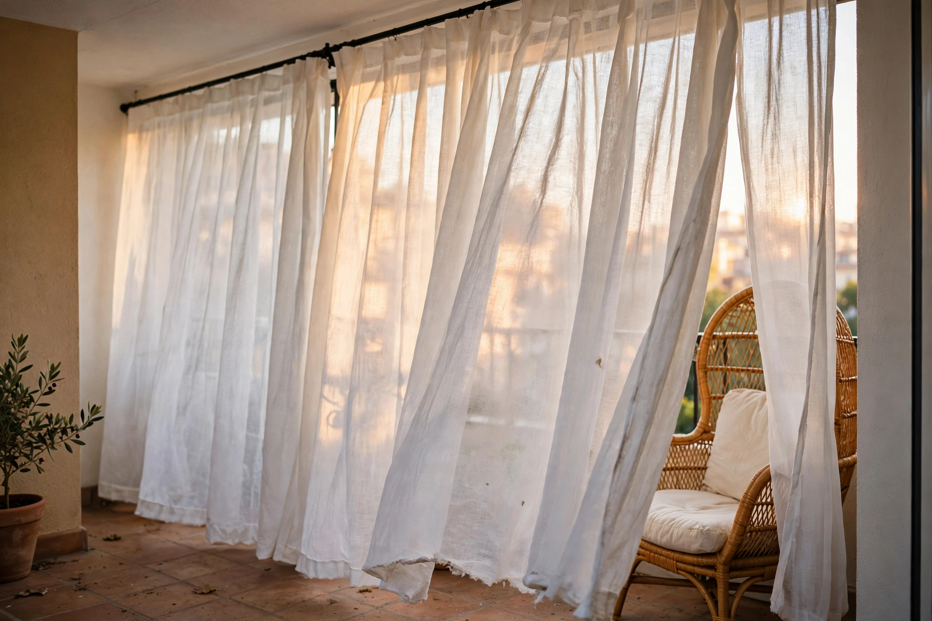 Outdoor privacy curtains on tension rod — balcony privacy ideas apartment