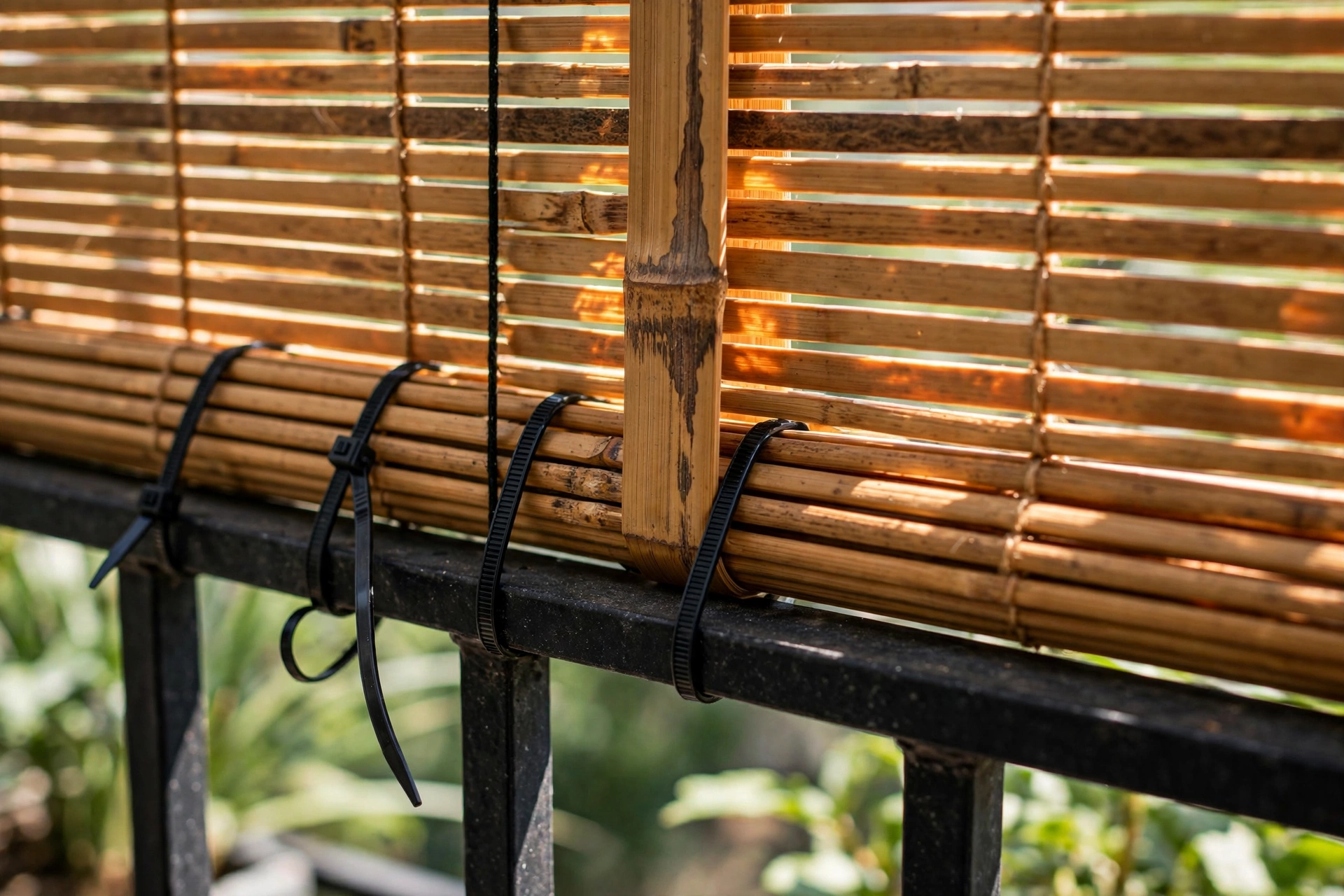 Bamboo privacy screen zip-tied to railing — balcony privacy ideas apartment
