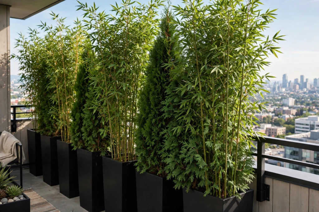 Tall planters with bamboo for apartment balcony privacy