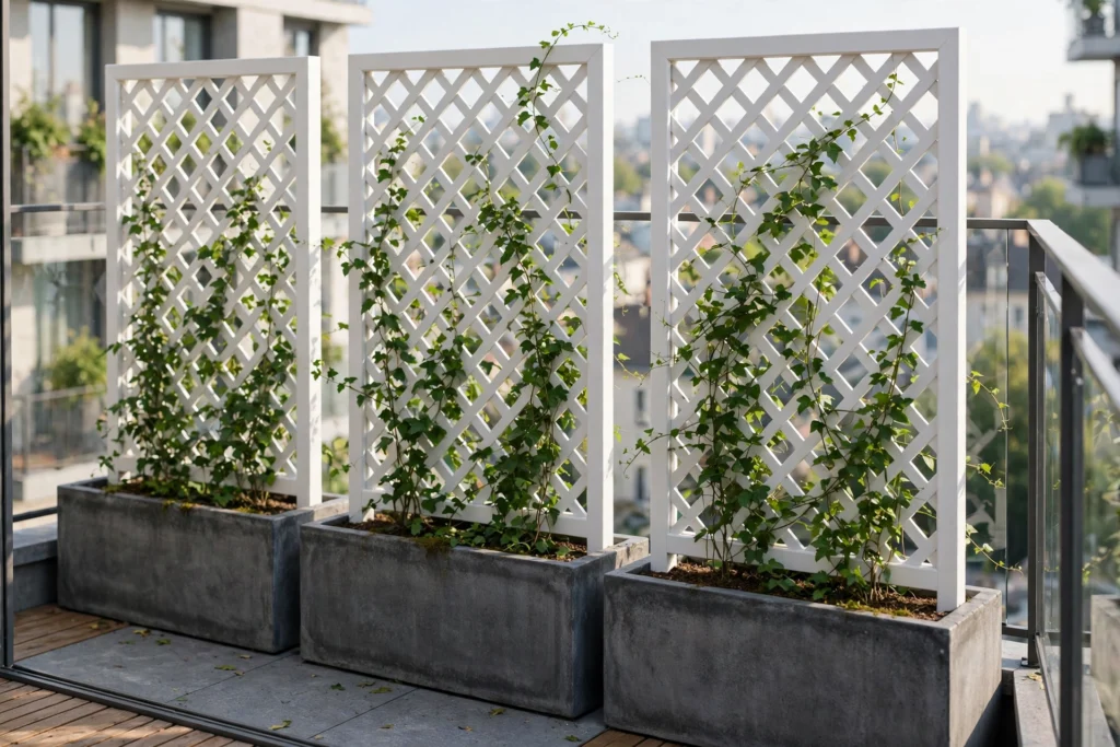 Lattice panels in weighted planters on balcony