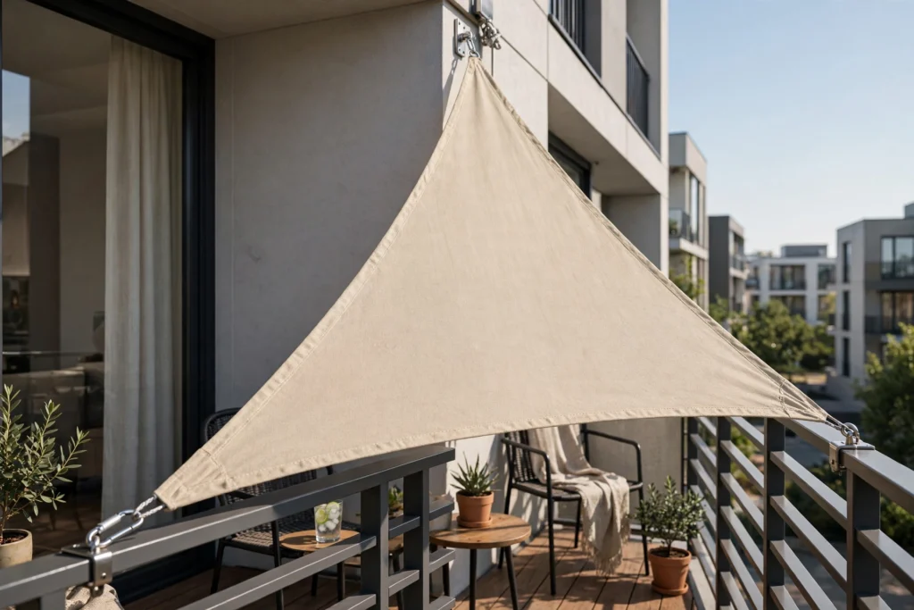 Side-mounted shade sail for balcony privacy