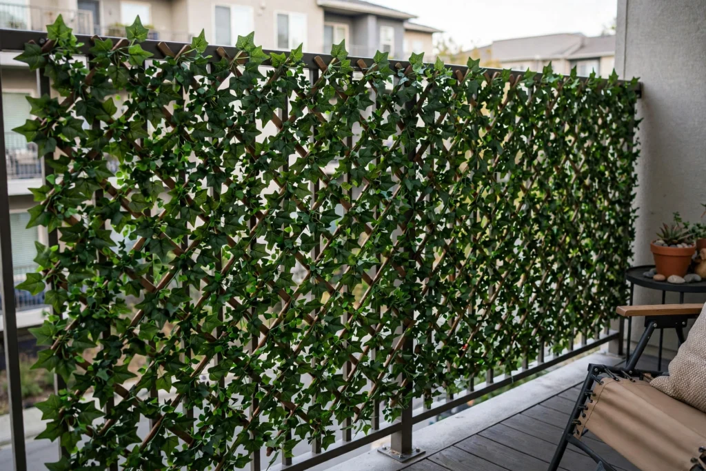 Faux ivy expandable trellis on balcony railing