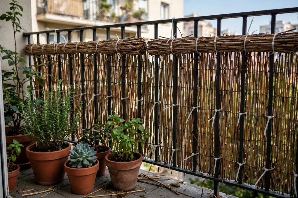Reed fencing rolls on apartment balcony railing