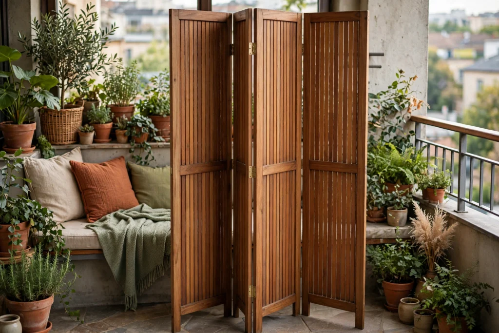Folding teak room divider for balcony privacy