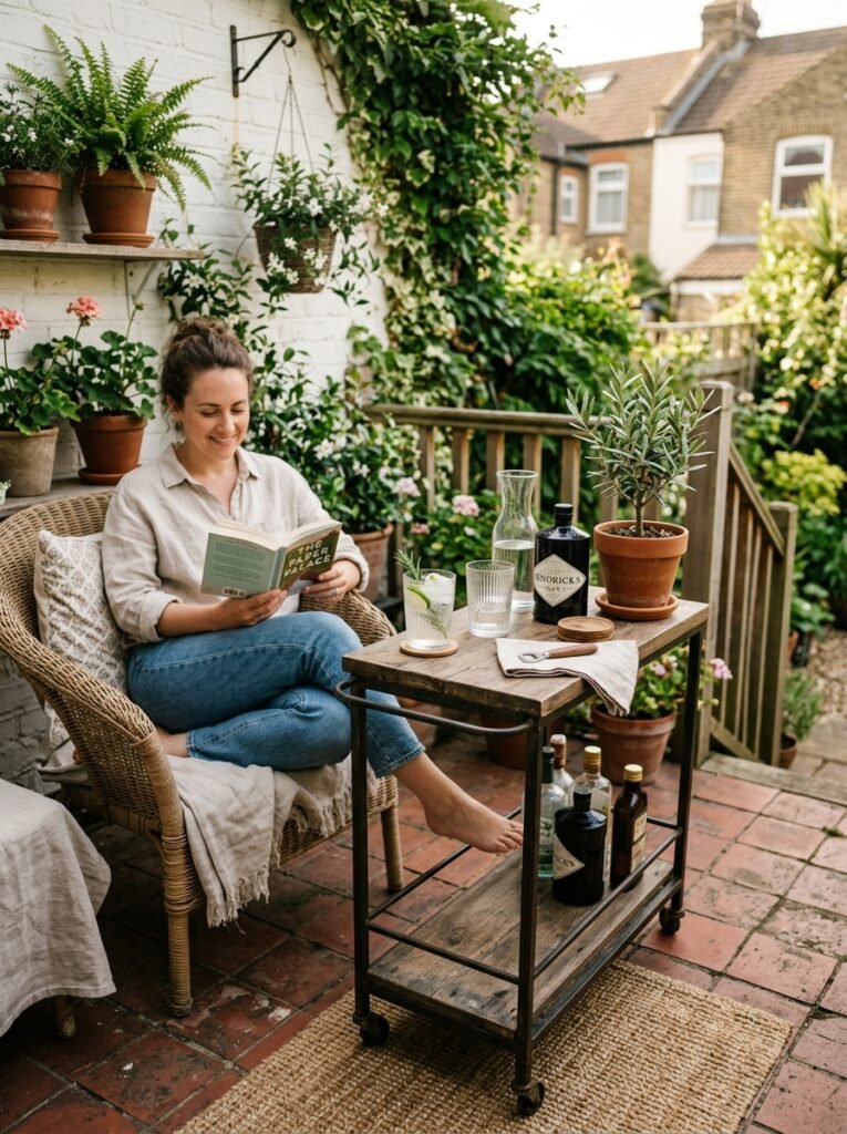Small patio furniture idea for apartments with rolling bar cart