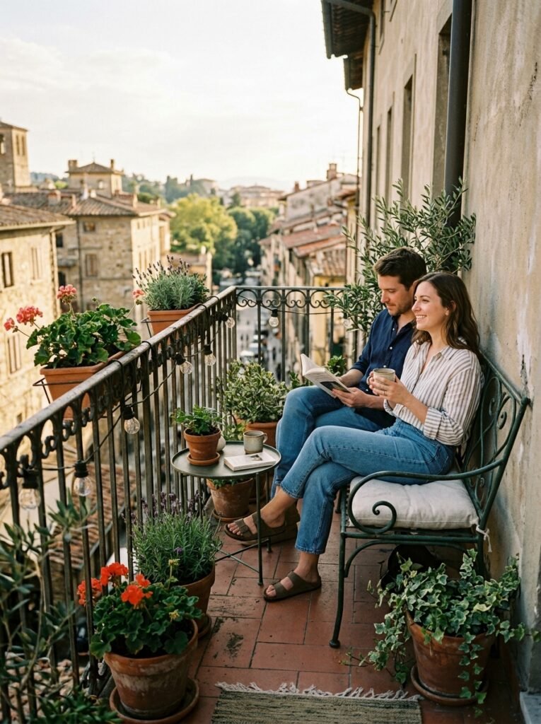 Apartment balcony furniture idea with two-seat bistro loveseat bench