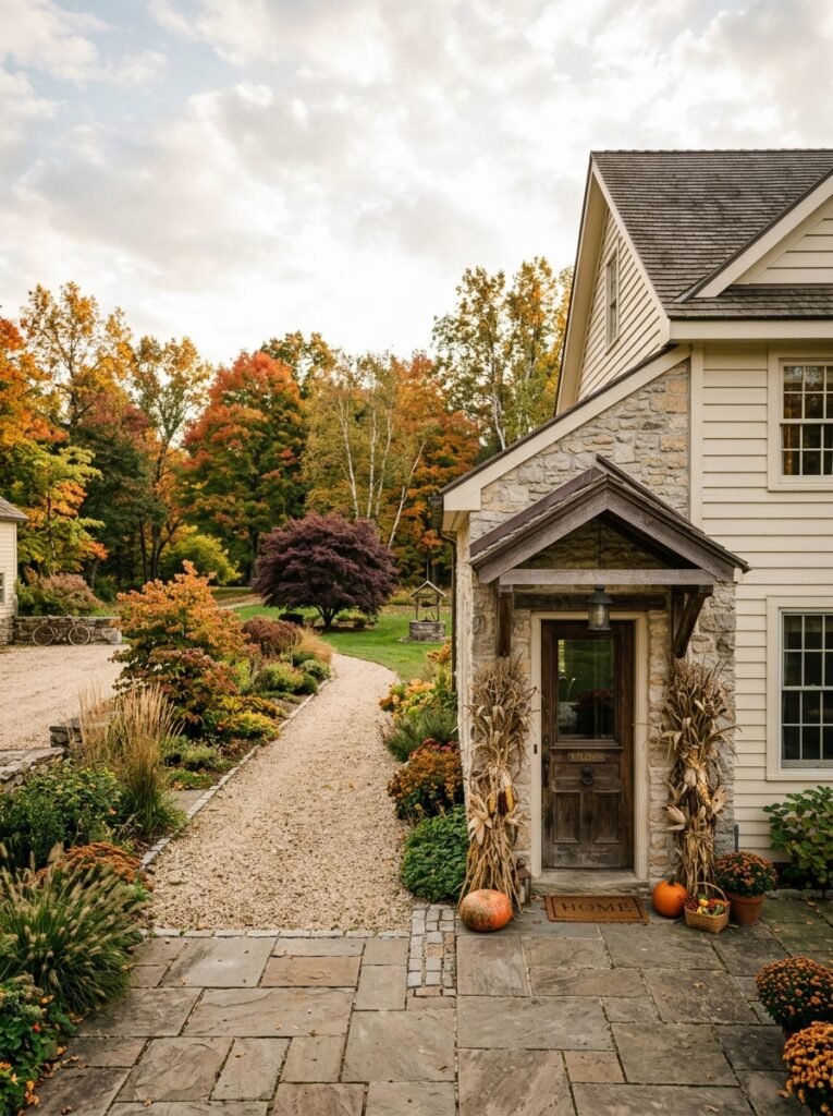 Fall porch decor idea for small spaces with corn stalk bundles
