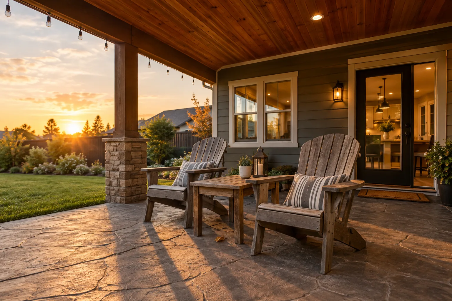 Covered patio attached to house with cedar ceiling at golden hour