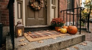 Fall porch decor idea for small spaces with pumpkin cluster and layered doormat