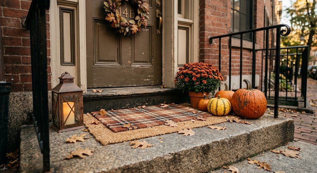 Fall porch decor idea for small spaces with pumpkin cluster and layered doormat