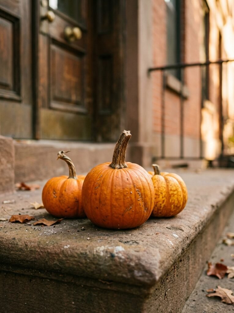 Fall porch decor idea for small spaces with stoop pumpkin trio