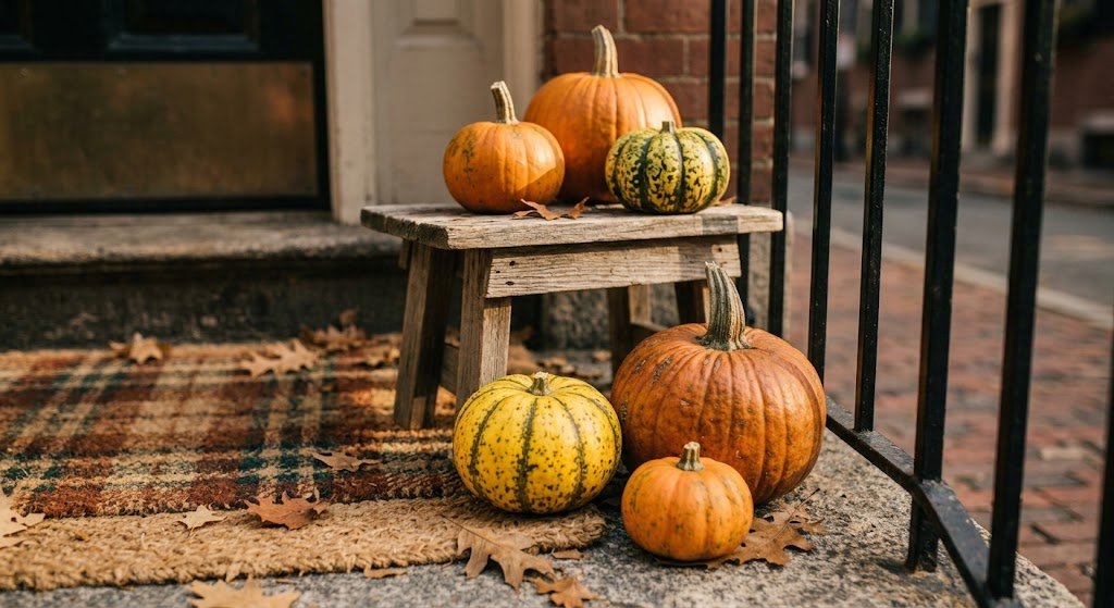 Fall porch decor idea for small spaces with varied-height pumpkin cluster