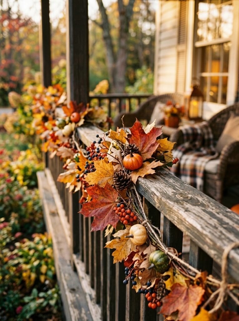 Fall porch decor idea for small spaces with railing garland