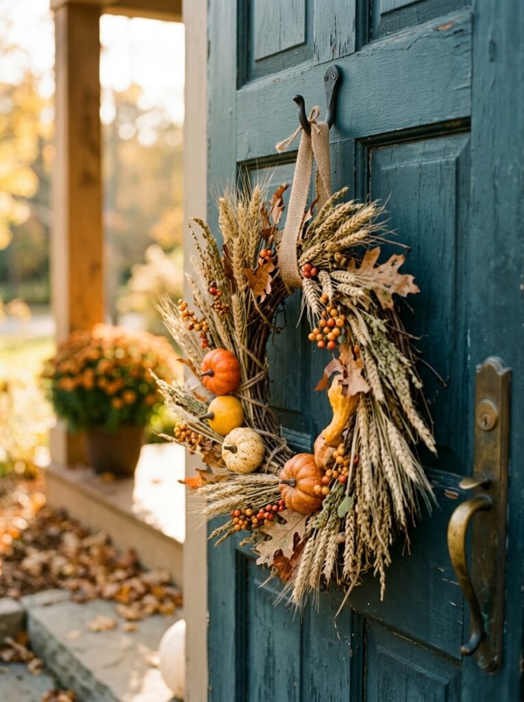  Fall porch decor idea for small spaces with natural texture wreath