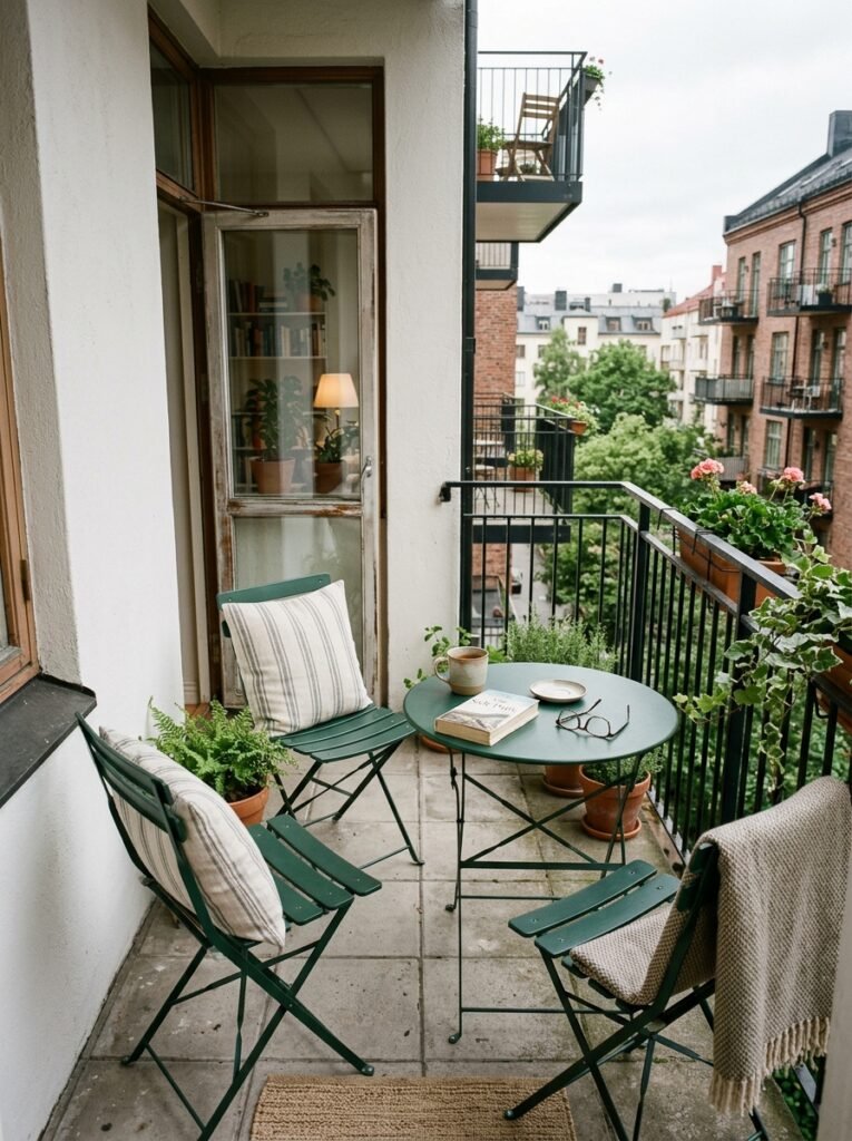 Small patio furniture idea for apartments with fold-flat bistro set
