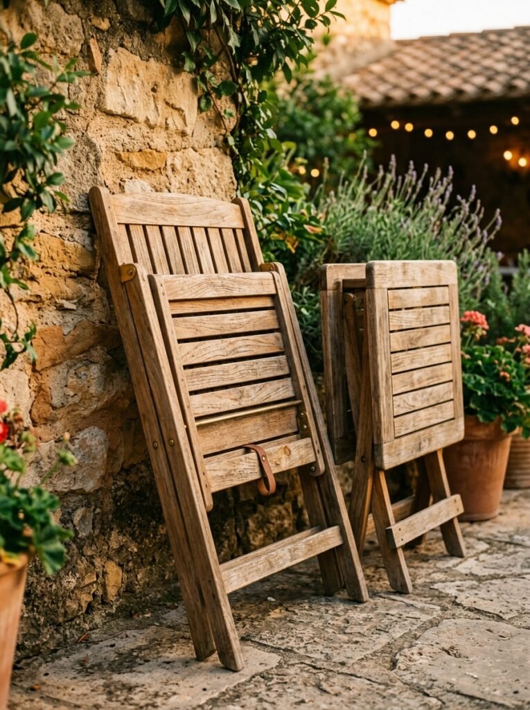 Small patio furniture idea for apartments with folding teak set