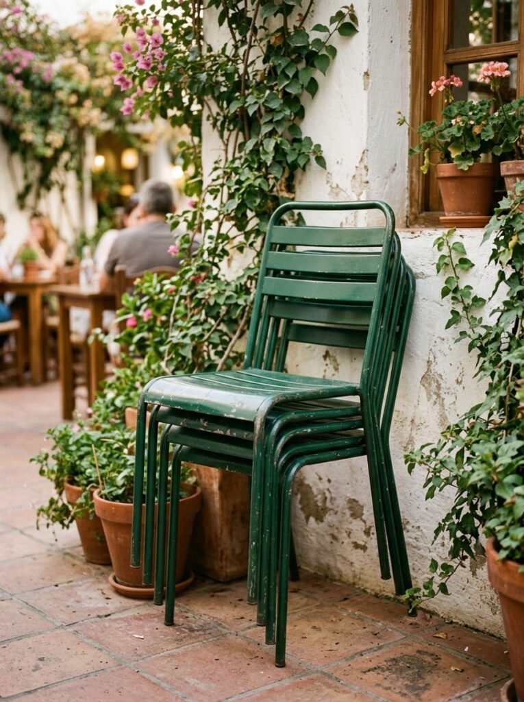 four chairs stack into roughly the footprint of one.