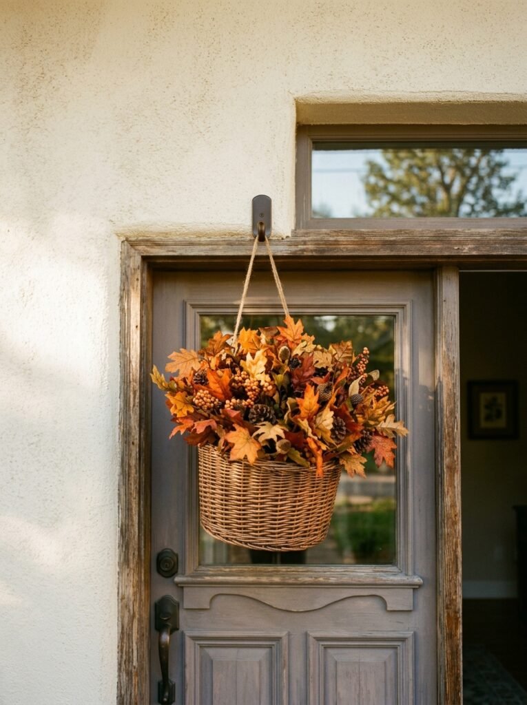Fall porch decor idea for small spaces with over-door hanging basket
