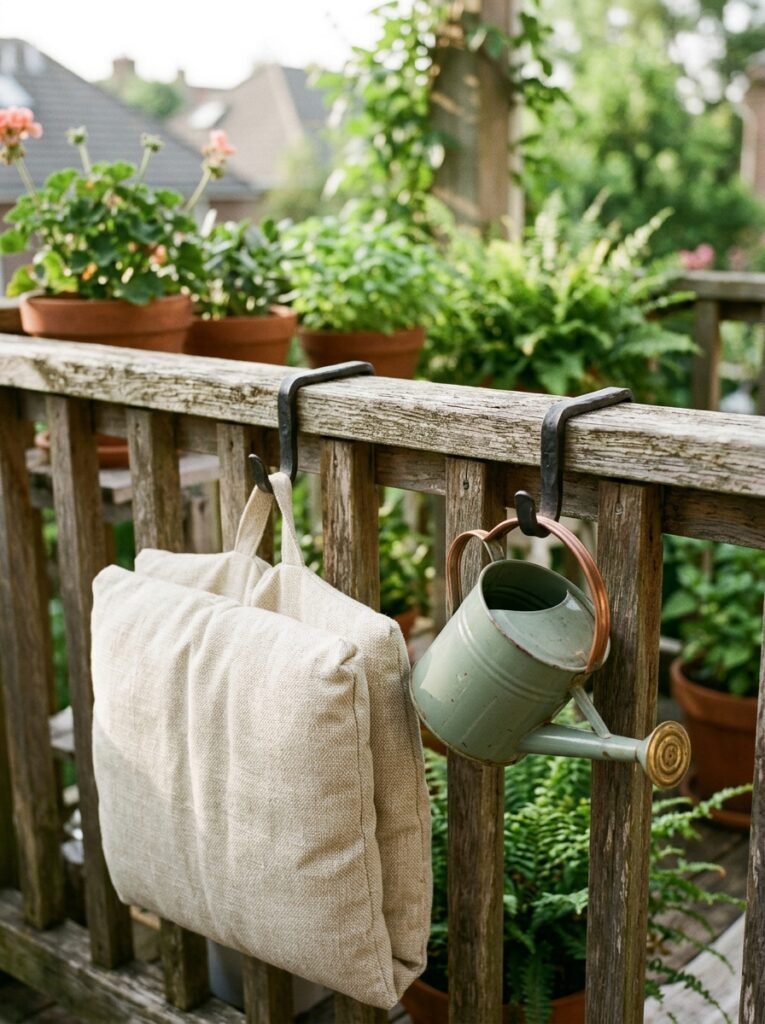 Small patio furniture idea for apartments with over-rail hook storage