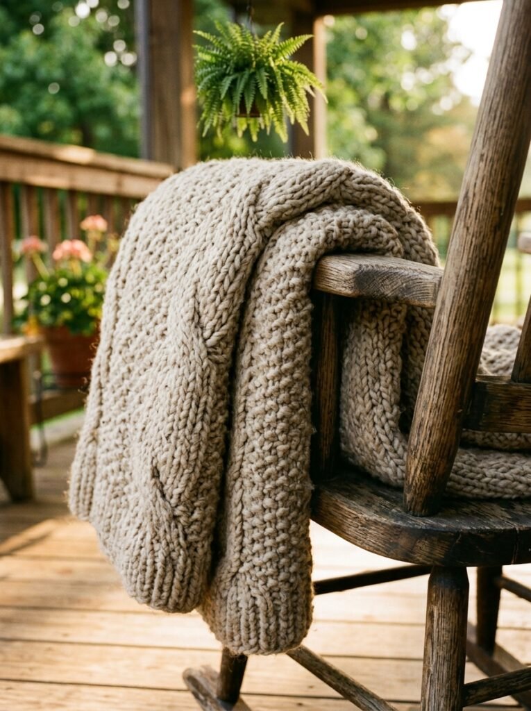 Fall porch decor idea for small spaces with wool throw accent