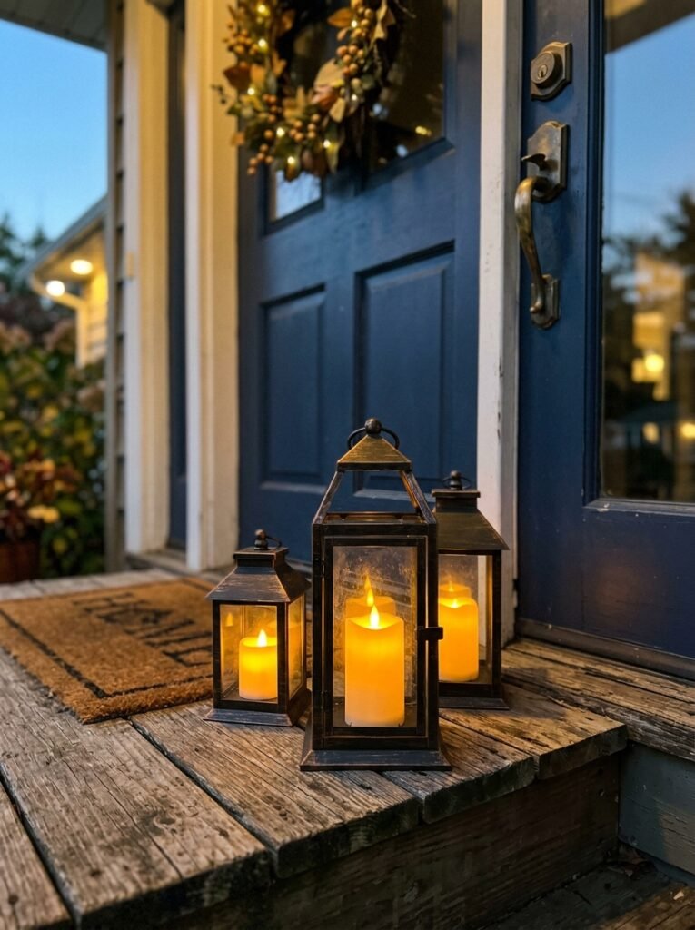 Fall porch decor idea for small spaces with lantern trio