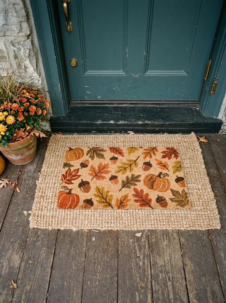 Fall porch decor idea for small spaces with layered doormat