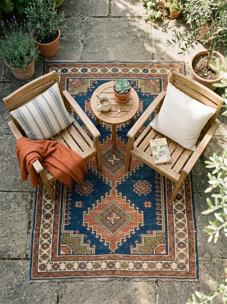 How to style a small patio step four with floor rug layering