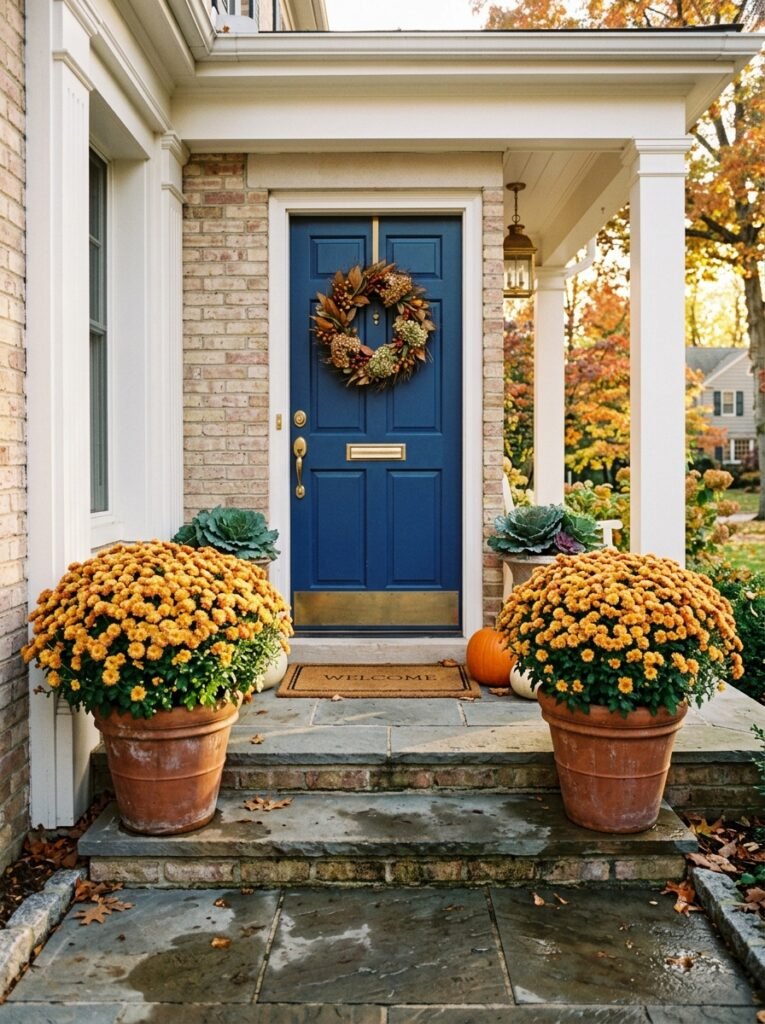 Fall porch decor idea for small spaces with mum planter pair
