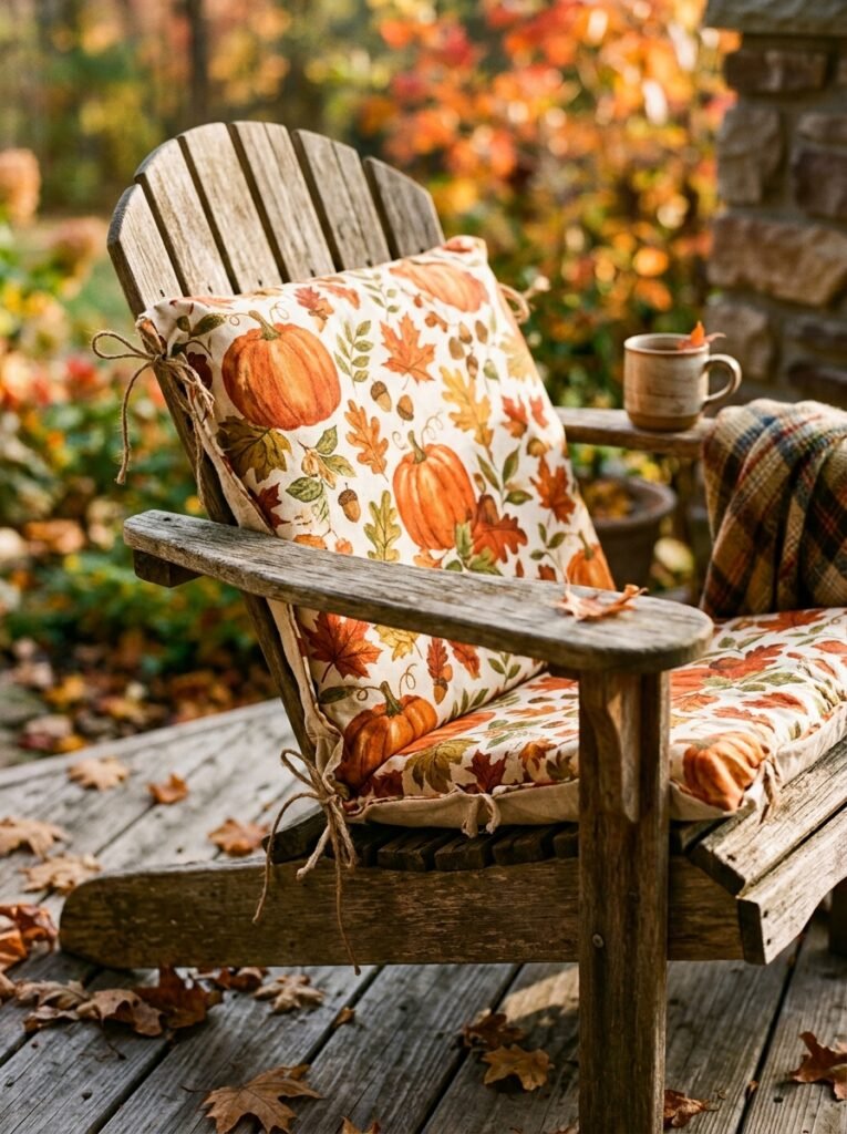 Fall porch decor idea for small spaces with no-sew pillow cover