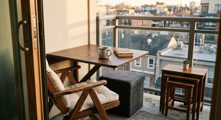Small patio furniture idea for apartments with fold-flat chair and wall-mounted table